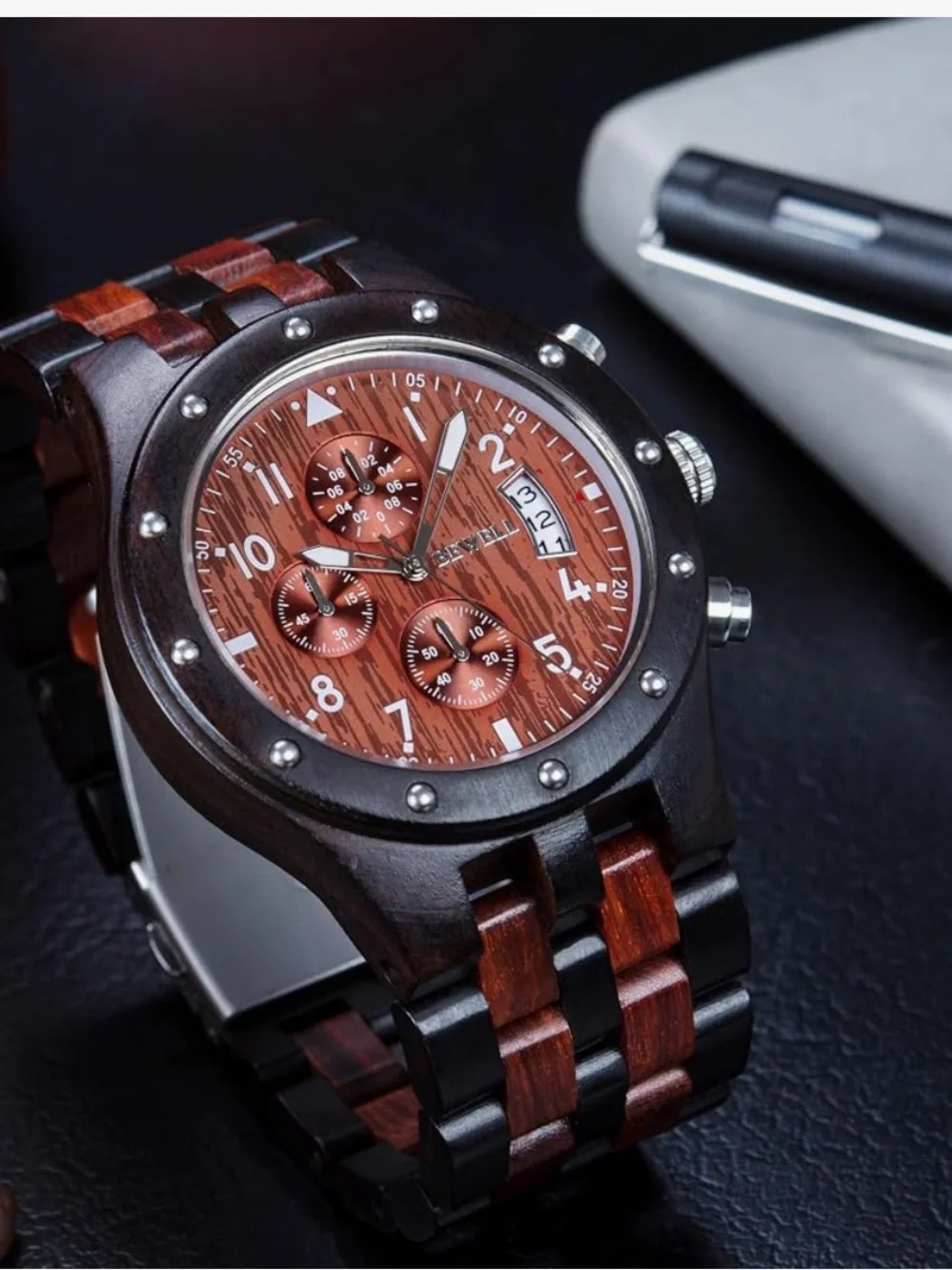 Anthology W109D Sub-dials Wooden Watch Quartz Analog Movement Date Wristwatch